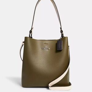 Coach Town Bucket Bag Olive Leather Shoulder Bag with Cream Strap, LIKE NEW